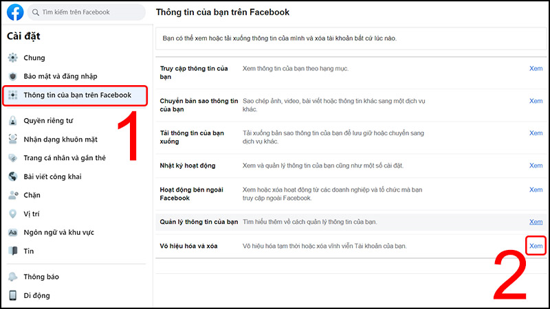 Chọn mục thông tin của bạn trên Facebook và nhấn vào xem ở phần vô hiệu hóa và xóa