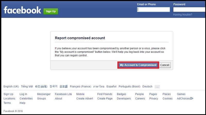 Truy cập trang báo cáo tài khoản bị hack của Facebook theo đường link